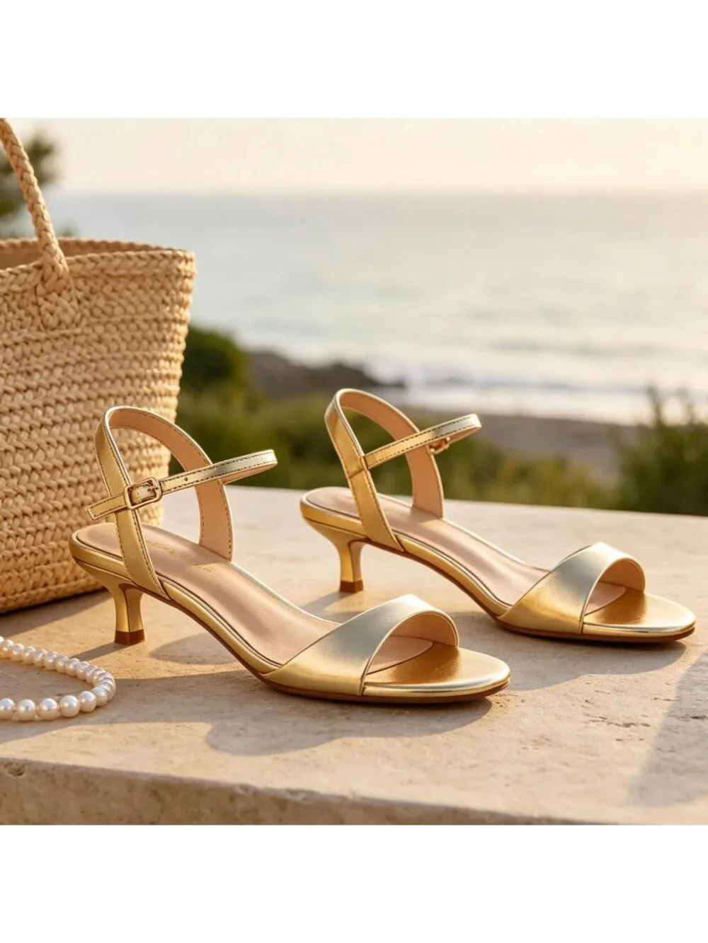 Women's Gold Matte Round Open Toe 1.5 Inch Low Heels Ankle Strap Heel Sandals